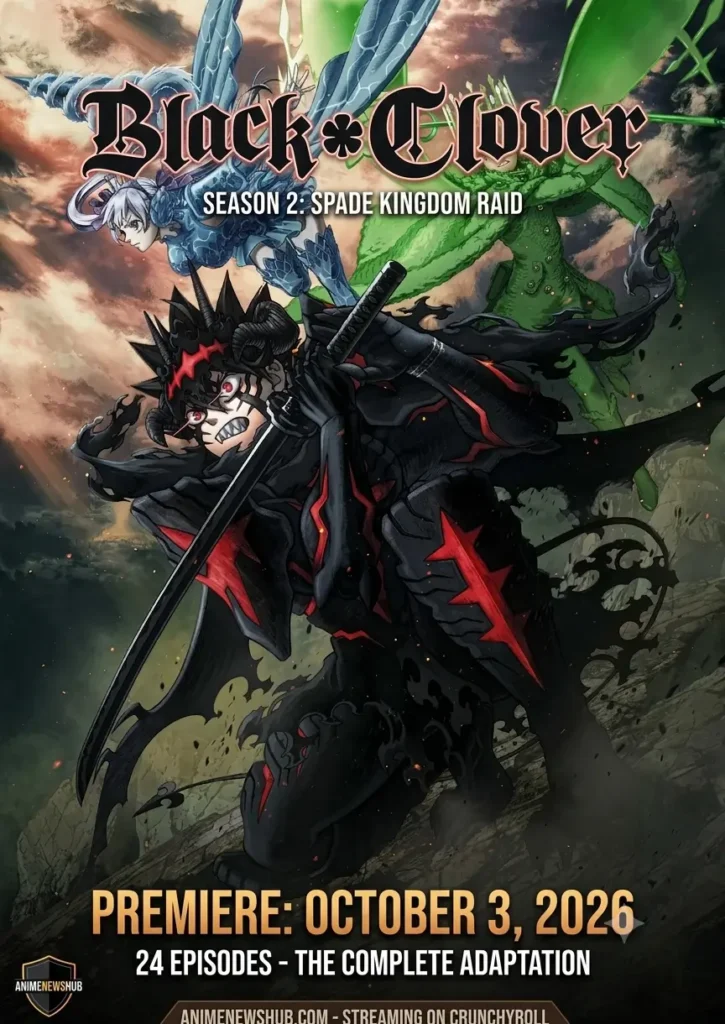 Black Clover Season 2 official key visual featuring Asta Devil Union form, Noelle, and Yuno